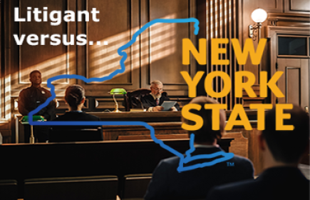 courtroom scene labeled to represent a legal battle between a "Litigant" and "NEW YORK STATE." 