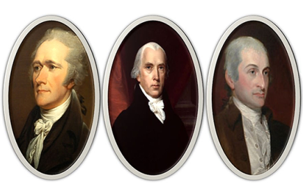 Portrait paintings of Alexander Hamilton, James Madison and John Jay