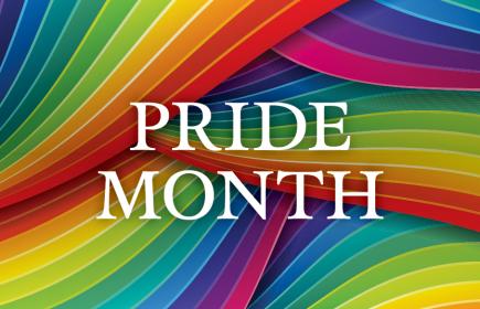 Brightly colored rainbow graphic labeled Pride Month