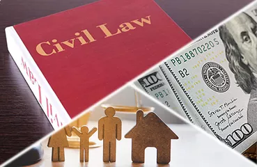 Graphic of a Civil Law Book, a hundred dollar bill, and a miniature house