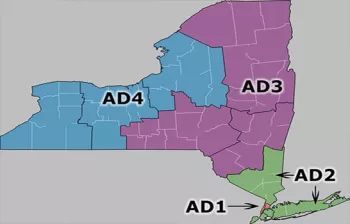 Map of New York State that shows AD1: Bronx & N.Y. County  AD2: Kings, Queens, Richmond, Long Island & Mid-Hudson/White Plains Region.  AD3: Capital Area/Albany, Southern Tier/Binghamton, & North Country.  AD4: Central N.Y./Syracuse Area, Finger Lakes/Rochester Region & Western N.Y./Buffalo