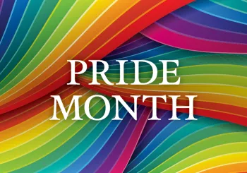 Brightly colored rainbow graphic labeled Pride Month