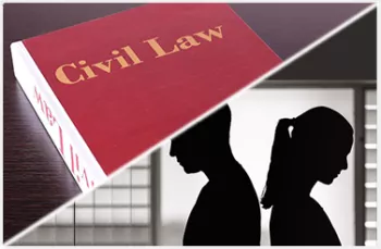 Graphic of a Civil Law Book and a couple in silhouette, standing back to back, dejected.