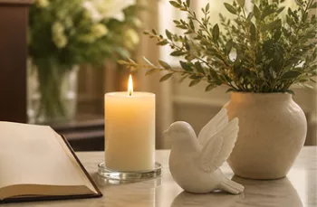 Photo of a memorial setting with registry book, dove sculpture, flowers and remembrance candle.